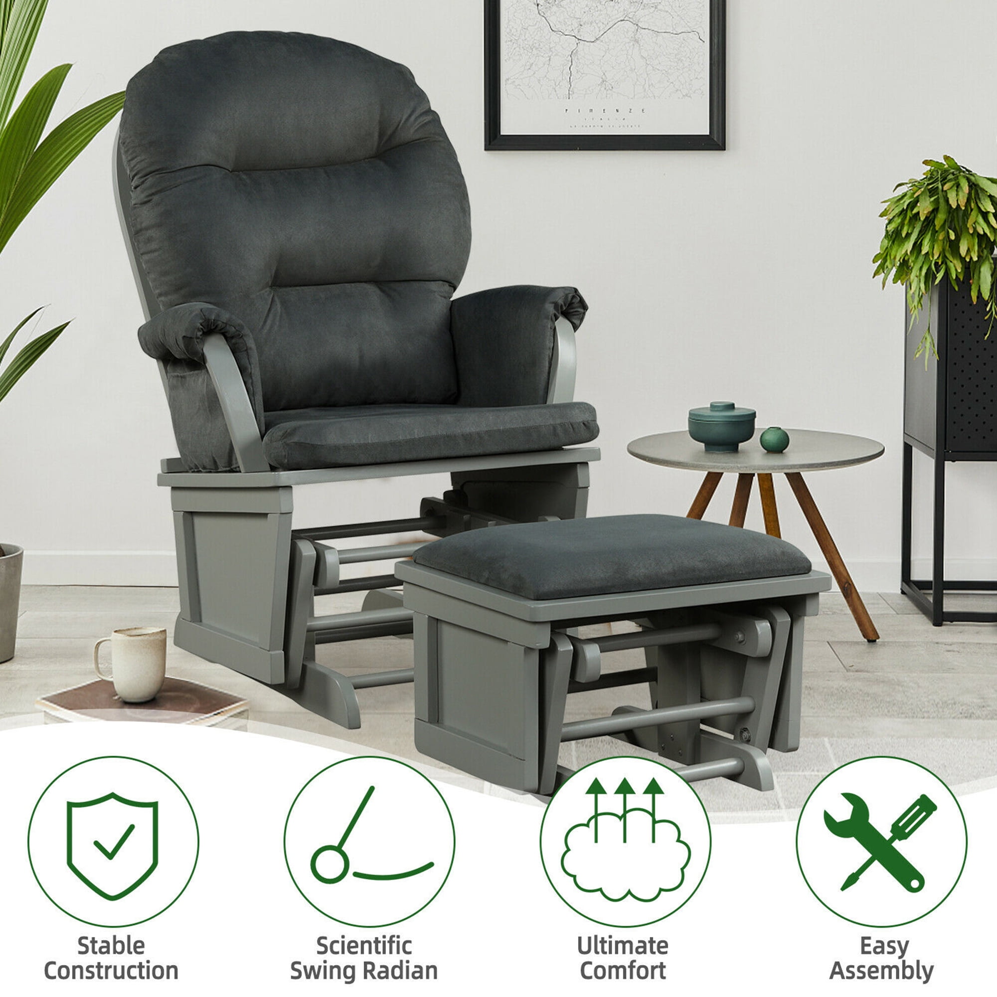 Gymax Gilder Rocking Chair with Ottoman, Dark Grey