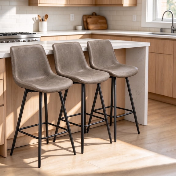Set of 3 Counter Height Bar Stools, Faux Leather Kitchen Island Chairs with Ergonomic Back, Sawtooth Stitching and Metal Legs