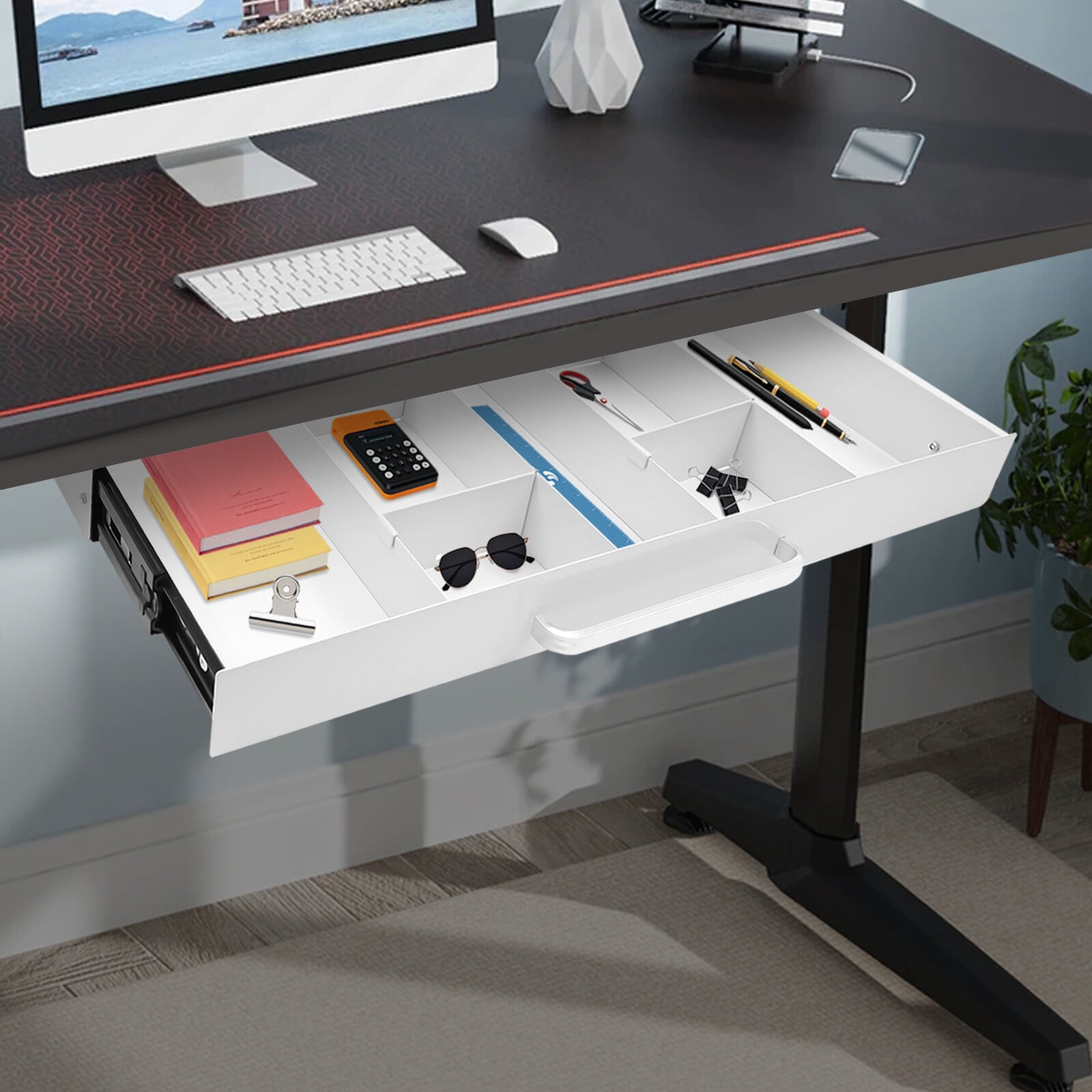 White Under Desk Mounted Sliding Pull-out Drawer, Drawer Storage Organizer for Standing Desks, Pull-out Drawer Iron