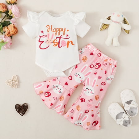 

3Pcs Toddler Baby Girls Easter Clothing Sets Bunny Short Sleeve T-Shirt Tops + Flared Long Pants with Headband 0-18M