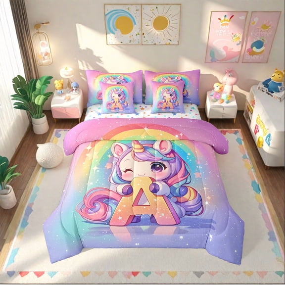 7 Piece Rainbow Unicorn Bed in a Bag Twin Size Cute Unicorn Bedding Sets Blue Purple Gradient Comforter Set with Sheets Lovely Animal Unicorn Bed Set for Princess Room Decor Sheets