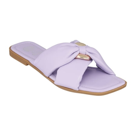 

GC Shoes Womens Flat Faux Leather Fashion Sandals Slip On Summer Slides Knotted Cross Band Sandal Flats Perri/Purple/9