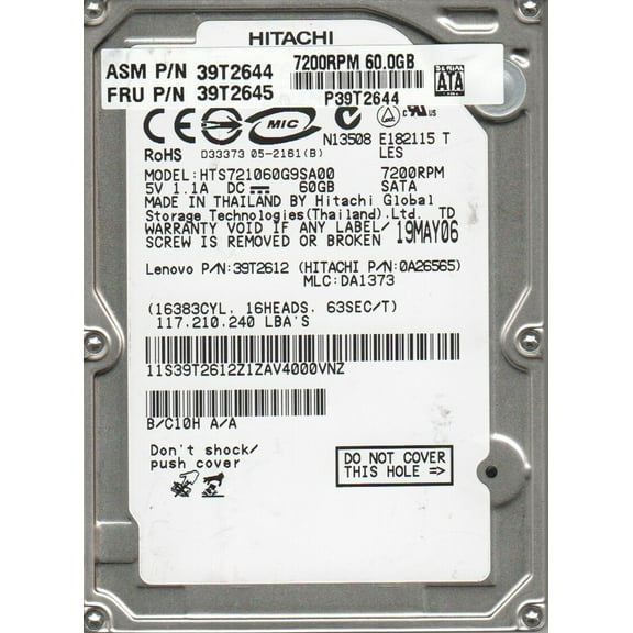HTS721060G9SA00, PN 0A26565, MLC DA1373, HITACHI 60GB SATA 2.5 Hard Drive
