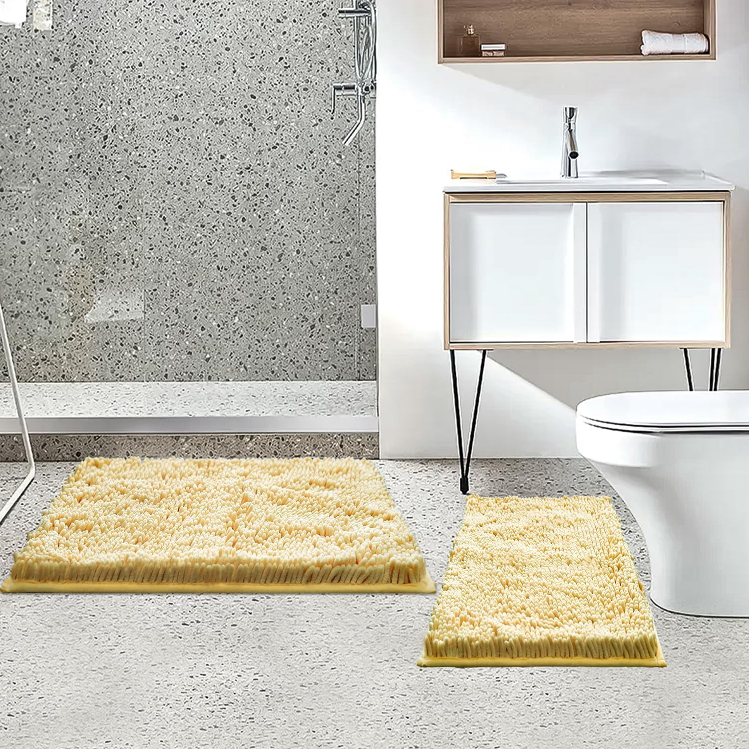 Bathroom Rug Set, 2 Piece Chenille Bath Mat, Ultra Soft Absorbent, Antiskid, Washable, Beige (20x32+16x24 inch)
