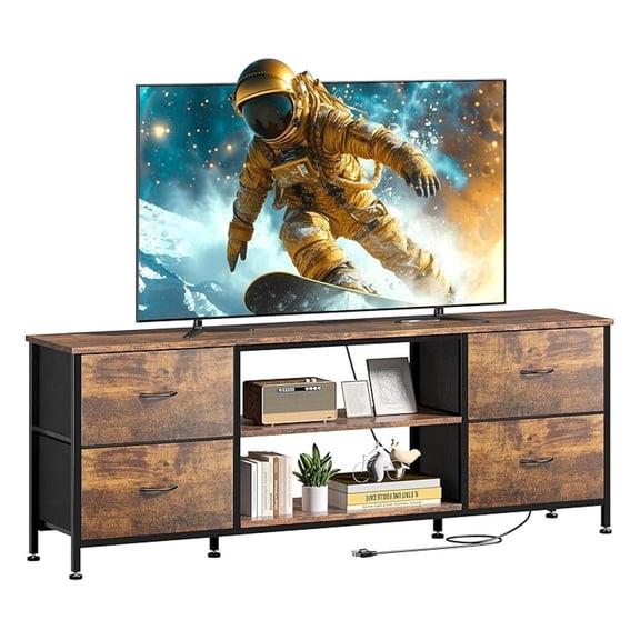 TV Stand Dresser for Bedroom with 4 Fabric Drawers, Entertainment Center with Power Outlet for 55" TV, Dressers with Open Shelves & Adjustable Feet for Living Room, Rustic Brown