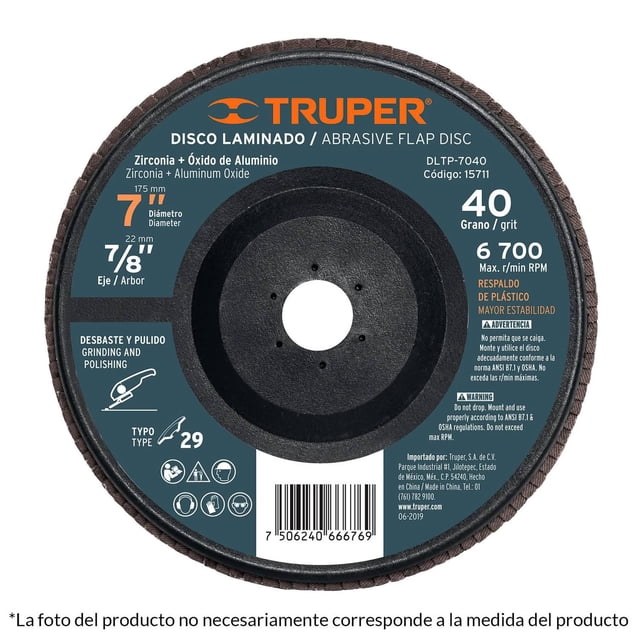 Disco Laminado 7 Barreno 7/8 Grano 60 Truper TRUPER DLTP-7060