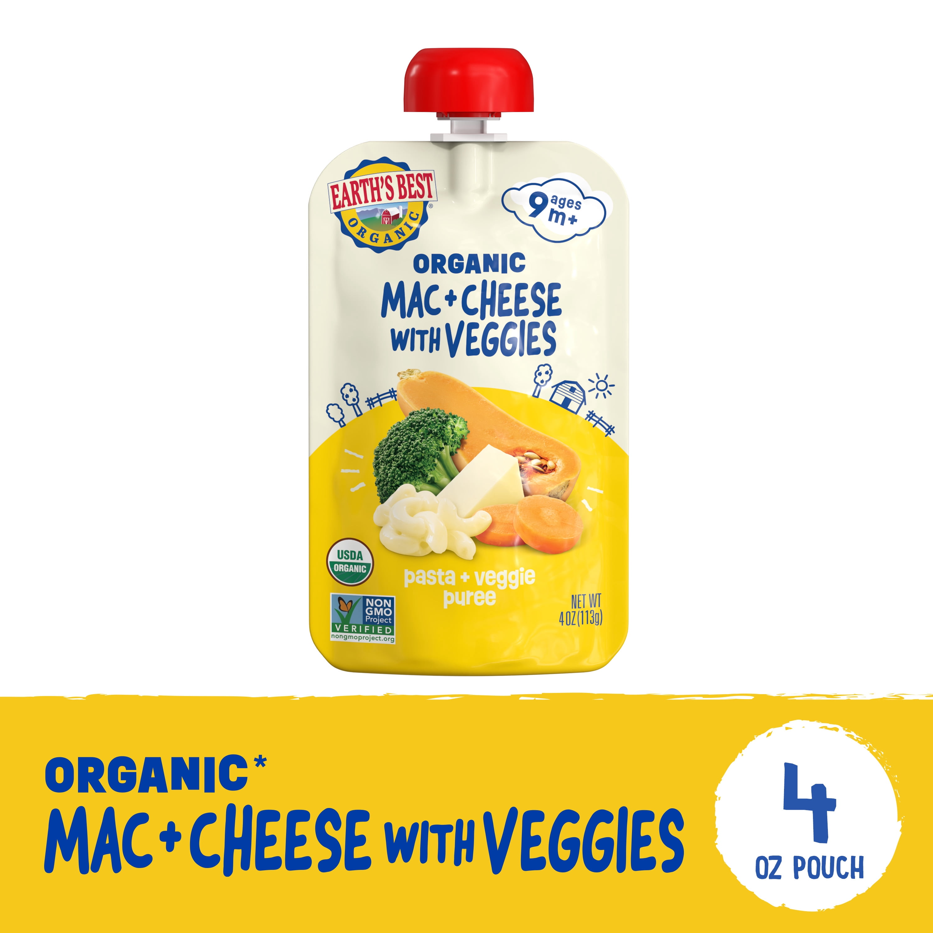(12 pack) Earth's Best Organic Stage 3 Baby Food, Mac & Cheese with Veggies Pasta & Veggie Puree, 4 oz Pouch
