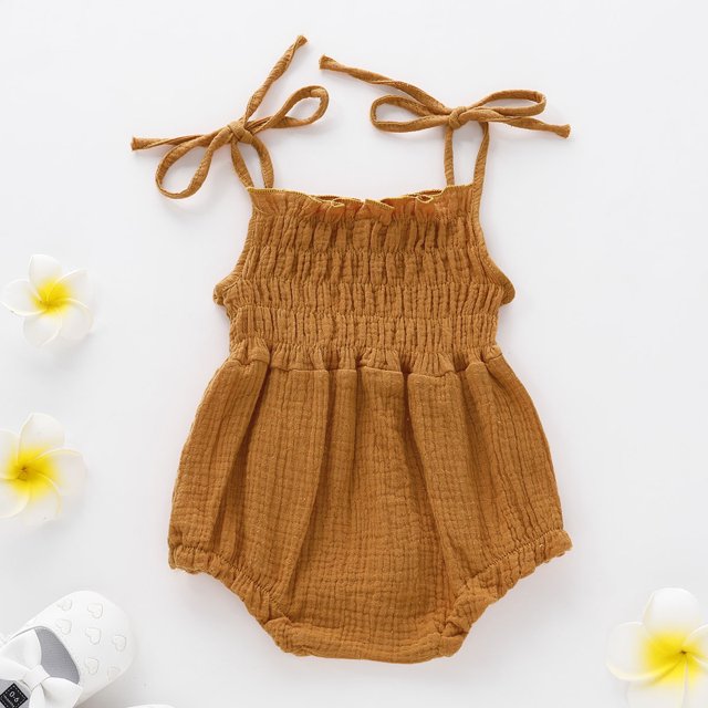 Opperiaya Infant Summer Cotton Sling Romper Lace Up Stretch Ruched Jumpsuit