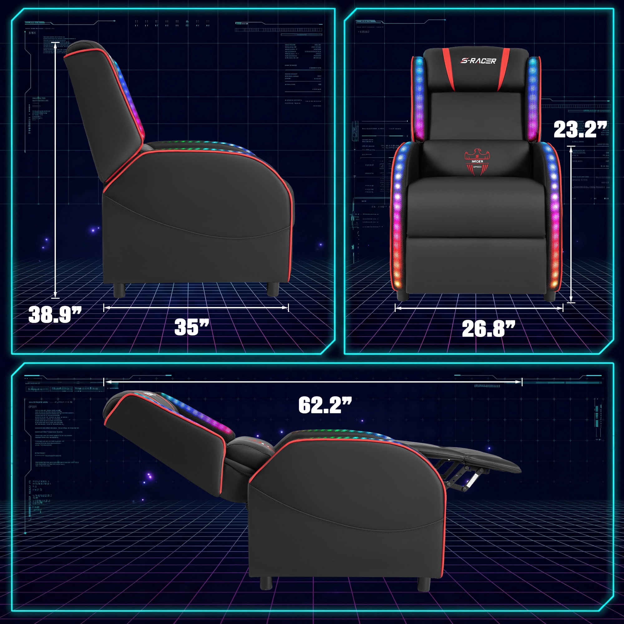 Furmax RGB LED Lights Gaming Massage Recliner Chair Racing Style Single Living Room Sofa Ergonomic Home Theater Seating with Massage Lumbar Support, Red