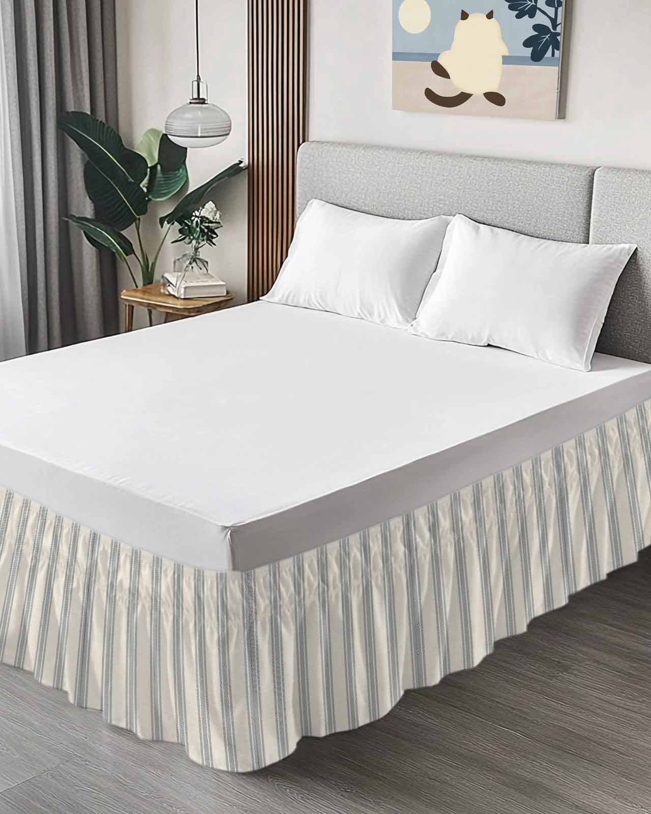 Blue Striped Bed Skirt Queen Size, Modern Farmhouse Stripes Rustic Wrap Around Bed Skirting with Adjustable Elastic Strap, Dust Ruffle Pleated Bedskirts 16 Inch Drop for Bedroom Queen Beds