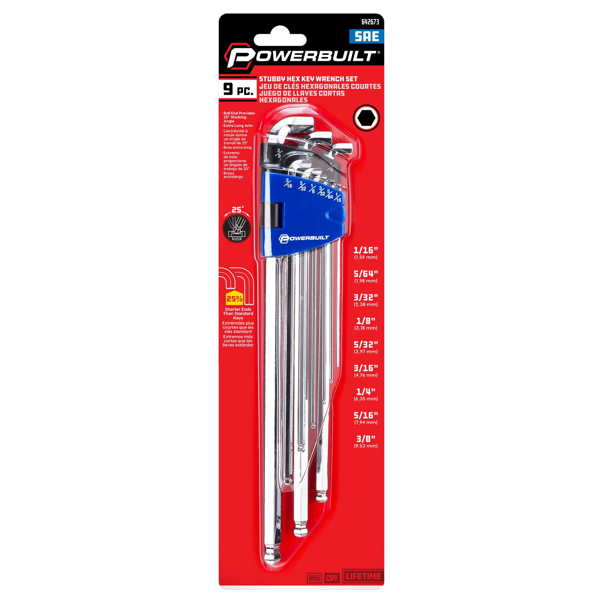 Powerbuilt 9 Piece SAE Stubby Long Arm Hex Key Wrench Set - 240099