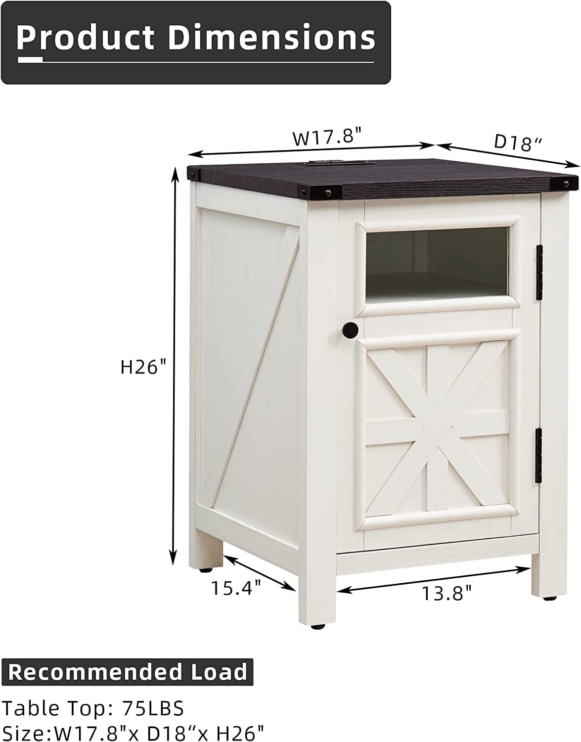 T4TREAM Farmhouse 3-Tier End Table with Charging Station, 18'' Rustic Nightstand with Barn Door for Living Room, Bedroom, Off White