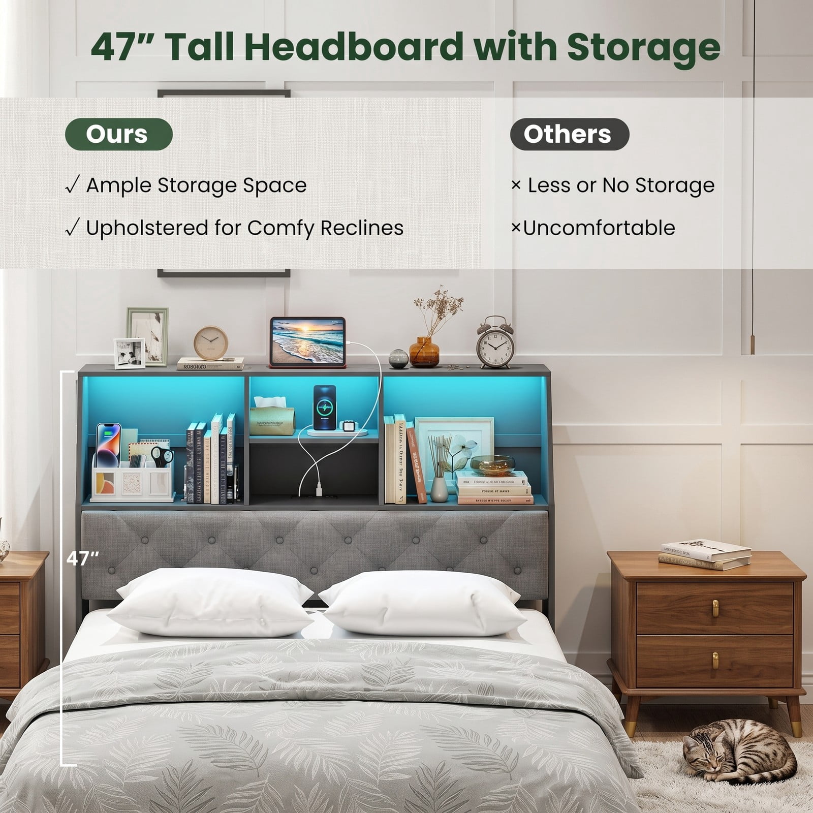 Furnibear Full Size Bed Frame with Bookcase Storage Headboard, LED Lights, Upholstered Platform Bed with 2 Drawers, Gray