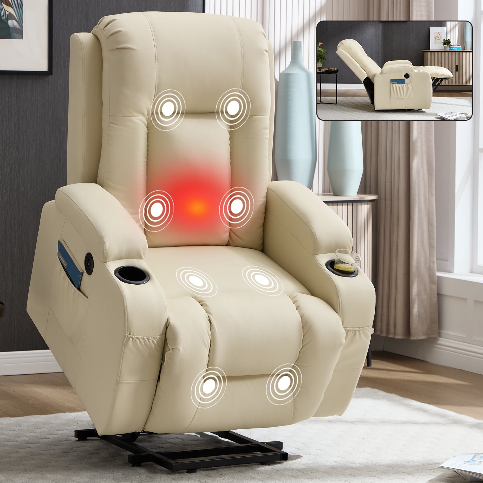 Power Lift Recliner Chair with Massage and Heat,Faux Leather Soft Chair with USB Charging&Cup Holders, Infinite Position Reclining,Heavy Duty 350 LBS Capacity
