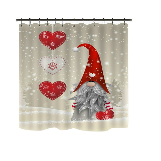 TIMIFIS Valentine's Day Shower Curtain, Rustic Farmhouse Romantic Gnome Couple Red Heart Tree