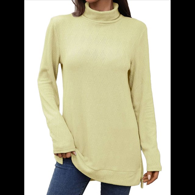 Camiseta Holgada de Larga con Cuello Alto y Estampado Geométrico de Jacquard para Mujer, Otoño e Invierno. Amarillo XXL