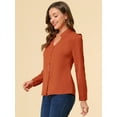 thumbnail image 3 of Camisa abotonada cuello alto escote En V recortado Allegra K primavera para mujer marrón L, 3 of 6