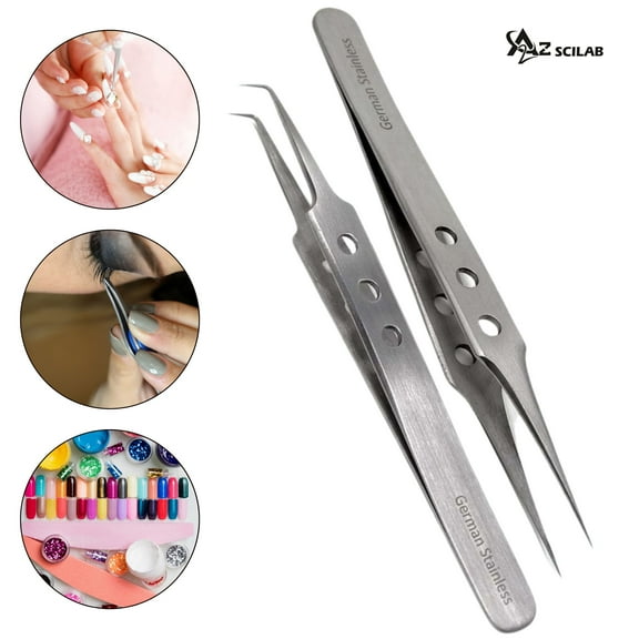 2PCS A2ZSCILAB Stainless Steel Straight and Curved Tip Tweezers Nippers for Eyelash Extensions and Nail Art Sticker Rhinestone Eyelash Picker Acrylic Gel Nail DIY Art