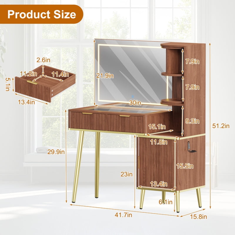 41.7" Fluted Makeup Vanity Desk with Large 30" Mirror and Rotating Cabinet, Modern Glass Top Big Vanity Table with 4 Drawers & Lights, Dressing Table Set Charging Station for Bedroom