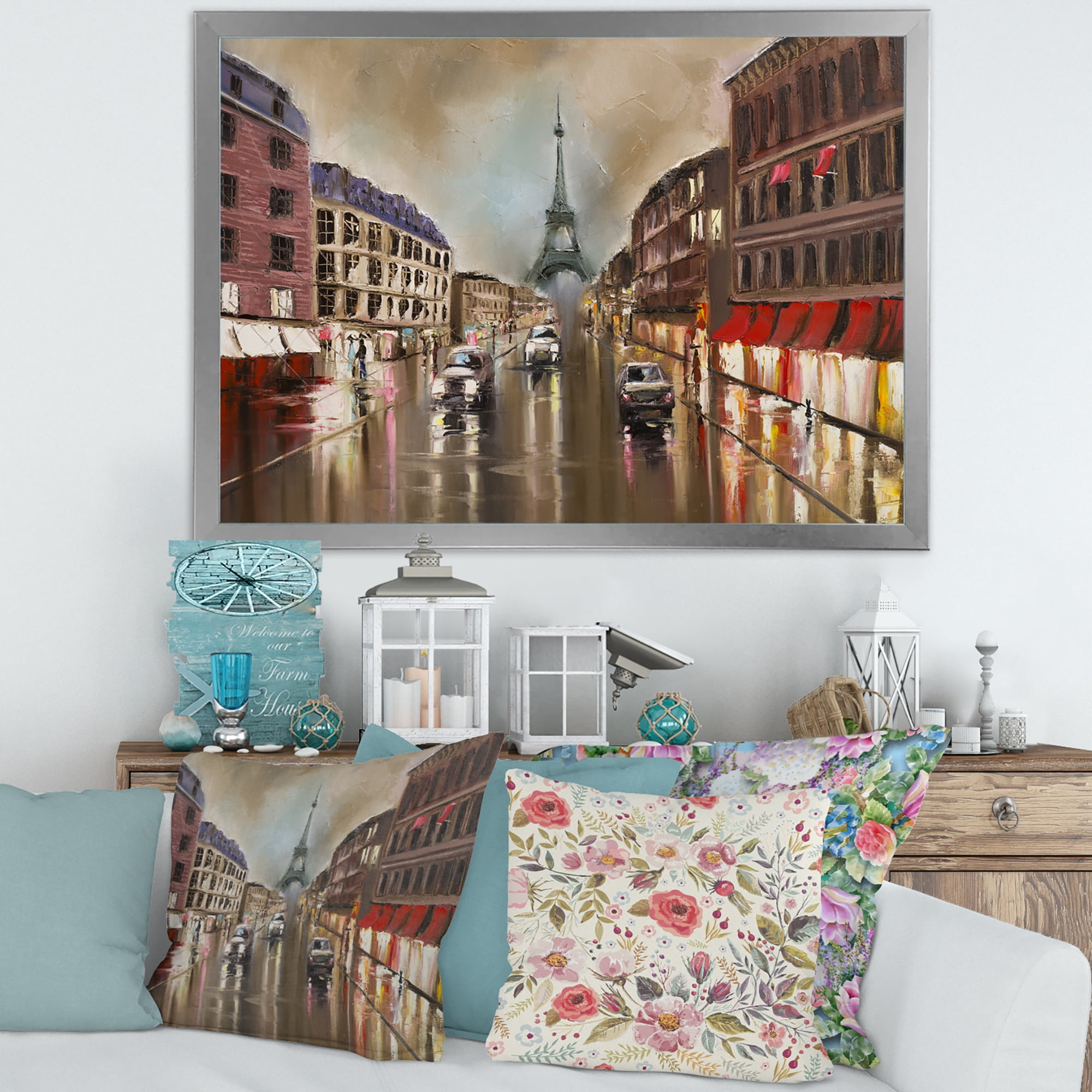 Designart 'Quiet Rainy Street In Gray Eiffel Tower Paris' Traditional Framed Art Print