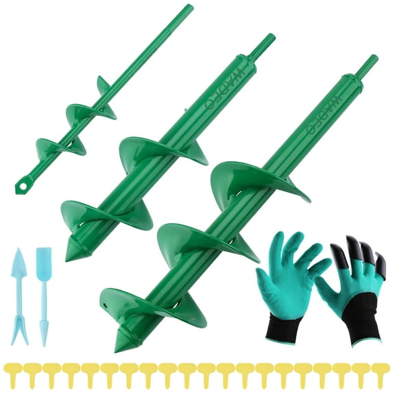 WADEO 3 PCS Garden Planting Auger Drill Bit Set with Garden Genie Gloves, 20pcs Plant Label and 2 Garden Shovel