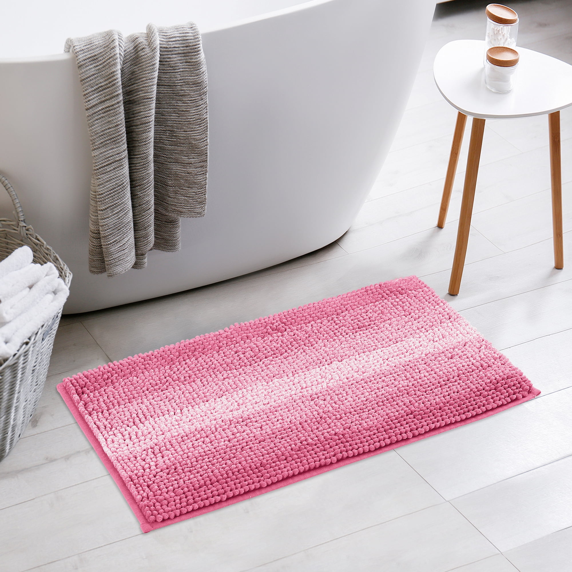 Unique Bargains Striped Bathroom Rugs Non-Slip Bath Carpet Bath Mats Pink 16"x24"