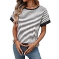 thumbnail image 2 of Women'S Short Sleeve Knit Tops Trendy Crewneck Striped T Shirts Casual Summer Blouses Outfits White S, 2 of 9