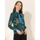 thumbnail image 4 of Blusa de satén de manga larga con cuello anudado en contraste floral para mujer Azul marino XS, 4 of 4