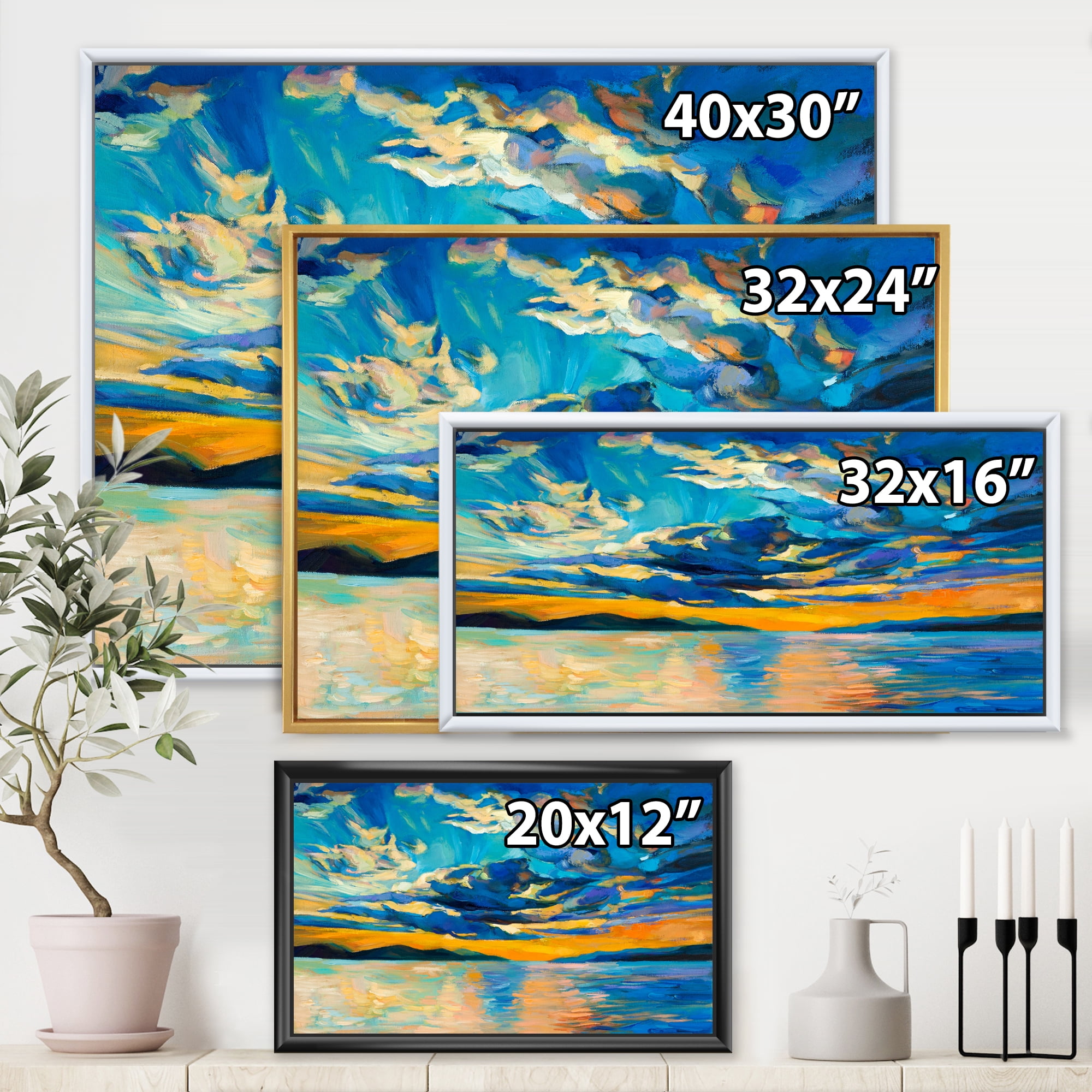 Designart 'Cloudy Sunset Over Wide Open Ocean Horizon' Nautical & Coastal Framed Canvas Wall Art Print