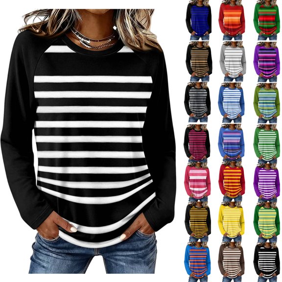Long Sleeve Shirts for Women Crewneck Striped Tshirts Casual Fall Tops Black 3XL