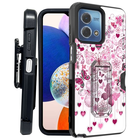 ANJ  Rugged Shockproof Kickstand Hybrid Case with Card Slot and Holster   Tempered Glass Cover for Motorola Moto G Stylus 5G (2023) - Butterfly Hearts