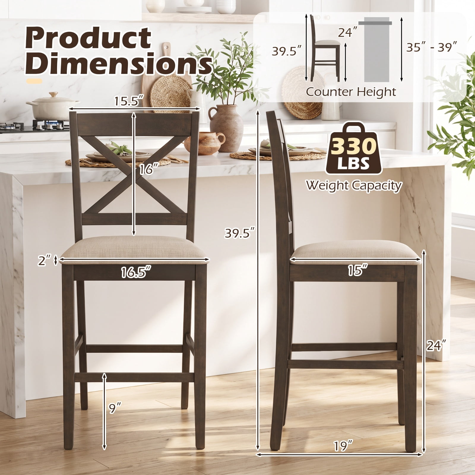 Furnibear Set of 2 X-Back Bar Stools with Upholstered Cushioned Seats and Rubber Wood Frame