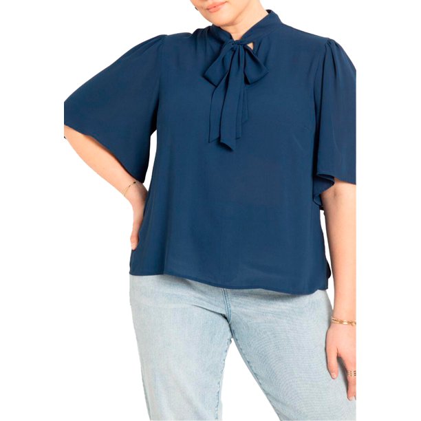 Eloquii Womens Plus Size Bow Blouse With Flutter Sleeve