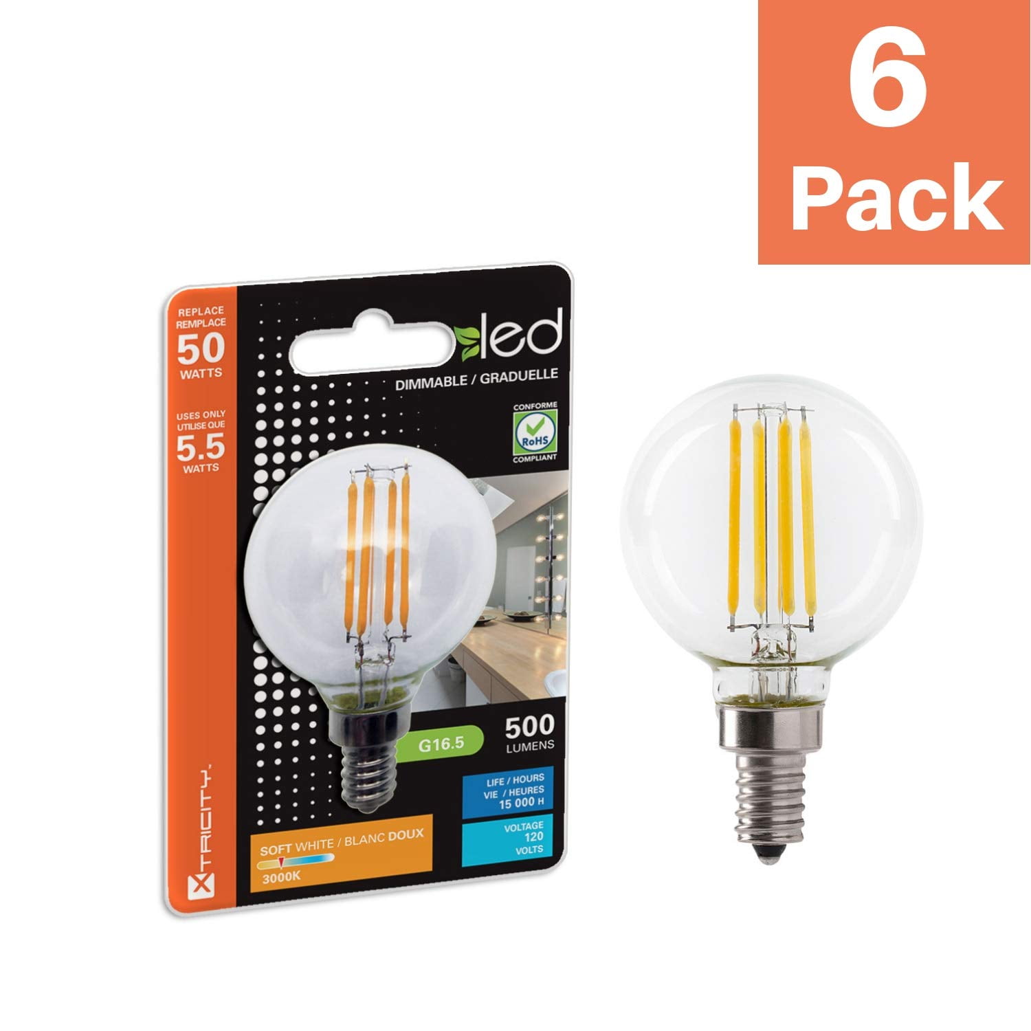 Xtricity G16.5 LED Clear Globe Filament Light Bulb, 5.5W (50W Eqv), E12 Candelabra, 3000K (6 Pack)