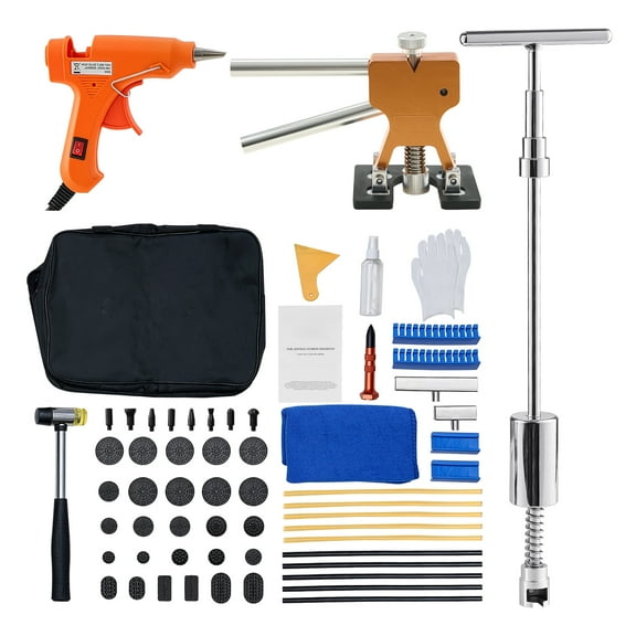 KFFKFF 61 PCS Dent Repair Kit, Paintless Dent Removal Tools with Golden Lifter, Slide Hammer T-Bar, Glue Gun, Auto Body Repair Tools for Car, Refrigerator, and Door Ding Fixing