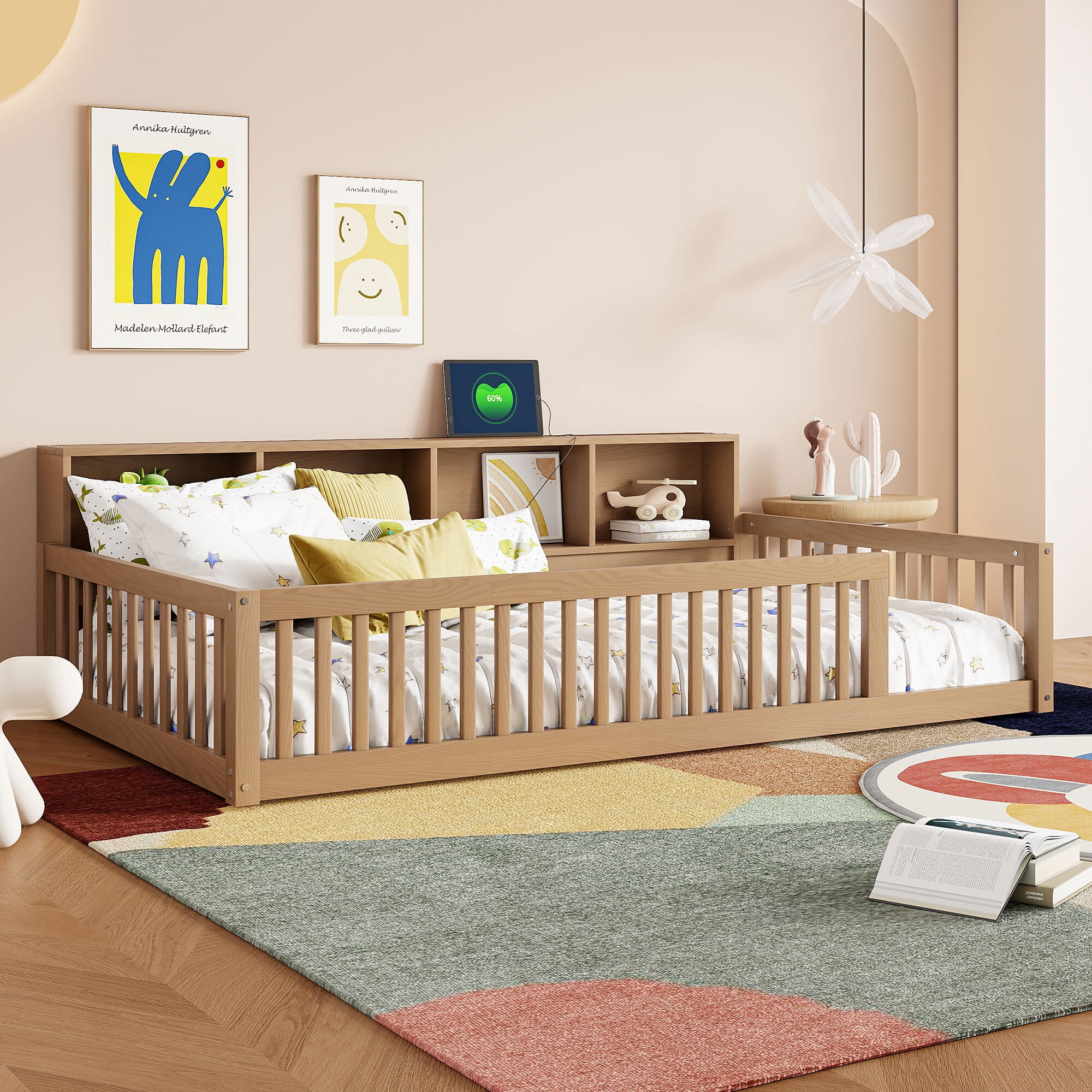 Euroco Wood Twin XL Platform Bed, Floor Bed with Storage and USB Ports, Brown