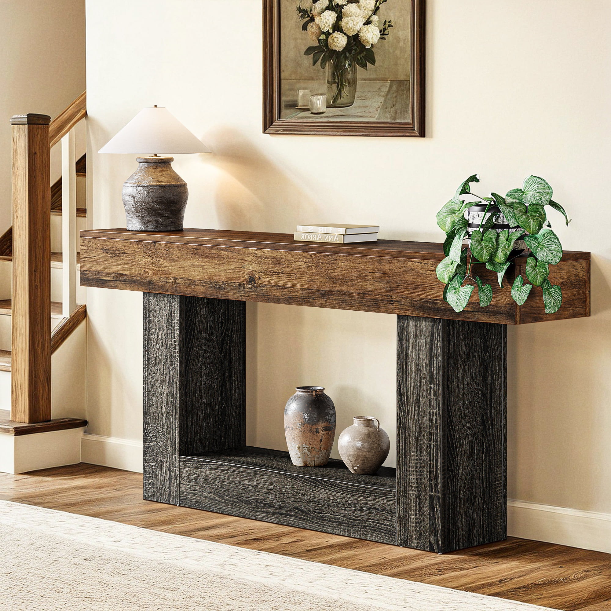 Demi Bonn 63" Wood Console Table, Farmhouse 2-Tier Sofa Table Entryway Table, Foyer Display Table, Brown + Gray