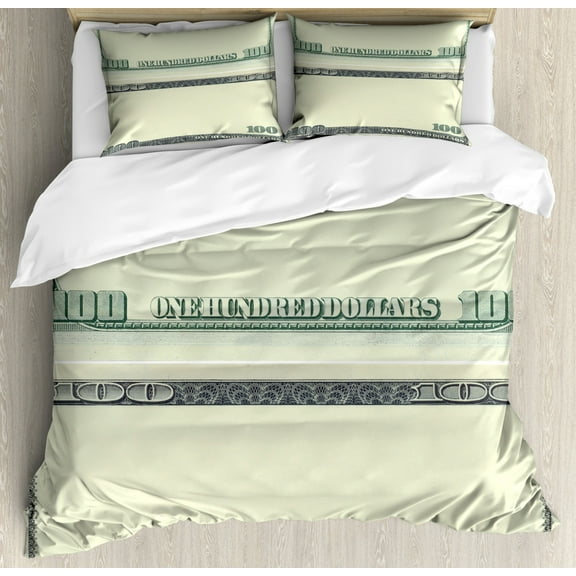 Money Duvet Cover Set Queen Size, Hundred Dollar Bill Century Note Design American Currency Style Frame Pattern, Decorative 3 Piece Bedding Set with 2 Pillow Shams, Pale Green Grey, by Ambesonne