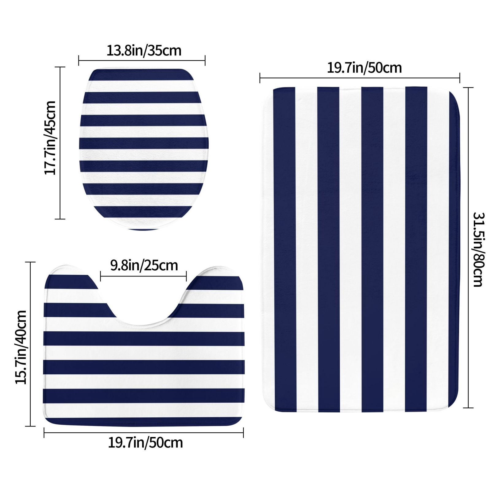 Bathroom Rugs Sets 3 Piece - Navy Blue And White Stripes Absorbent Non Slip Bath Mats, U-Shape Toilet Lid Cover, Contour Mat, Soft Washable Shower Mats Bath Rug Mat for Bathroom Tub Toilet