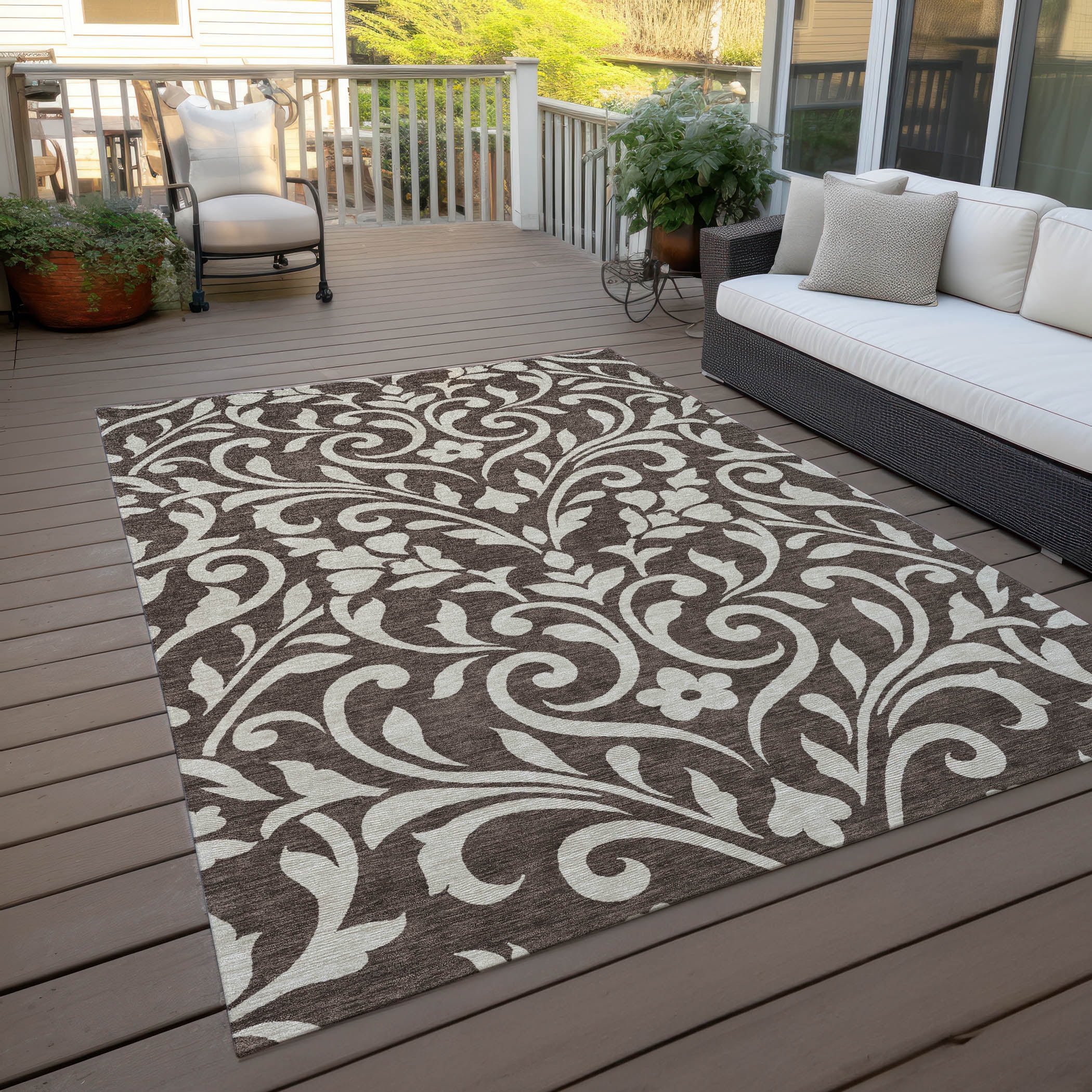 Addison Rugs Chantille Indoor/Outdoor Transitional Floral Chocolate Washable Rectangle Rug, 10' x 14'