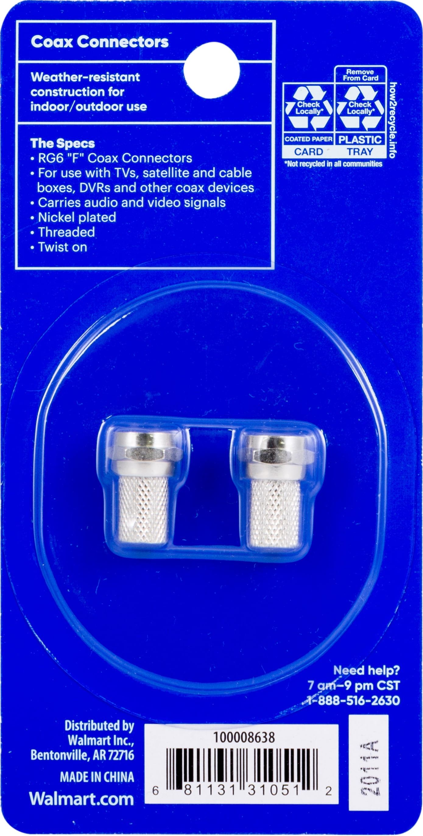 onn. RG6 Coax Twist-On Adapter, F-Type Connectors, 2pk, 100008638
