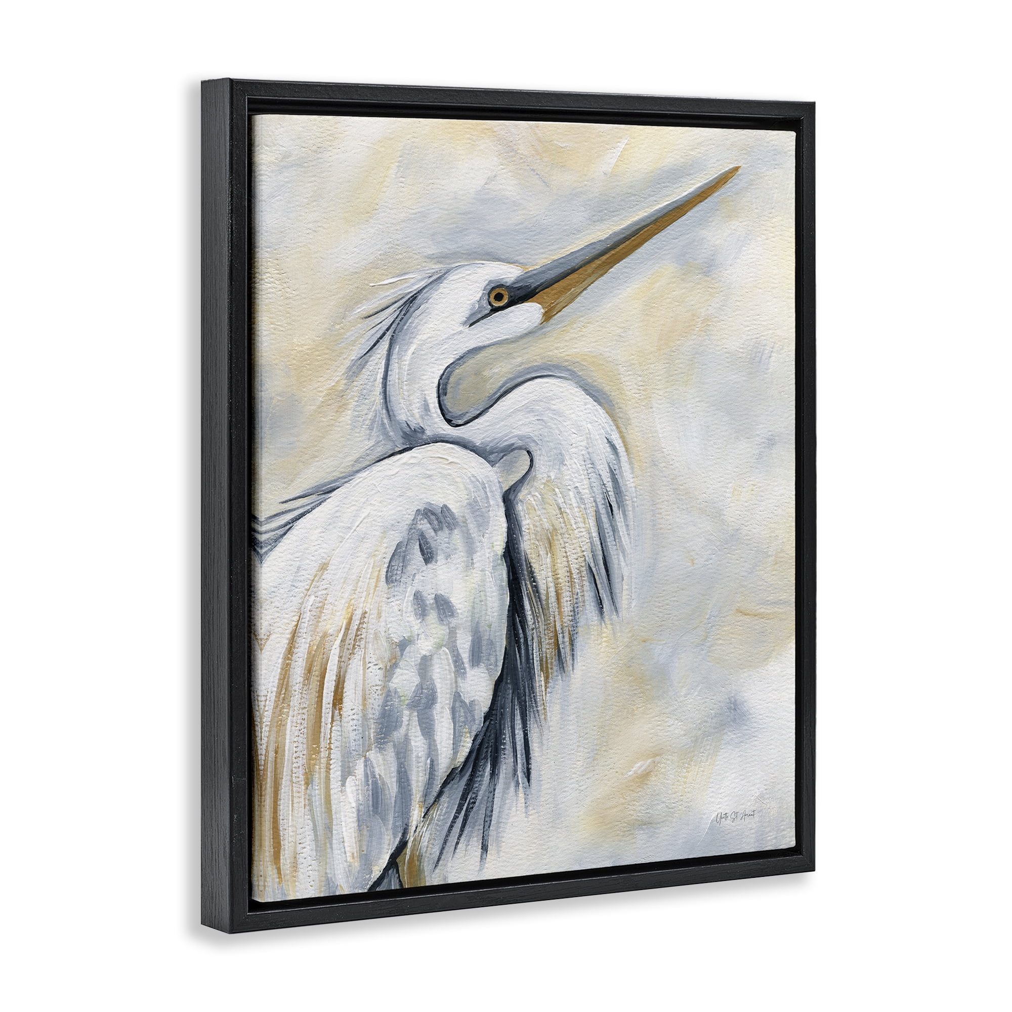 Stupell Industries Muted White Egret Animals & Insects Painting Black Floater Framed Canvas Art Print Wall Art, 17 x 21
