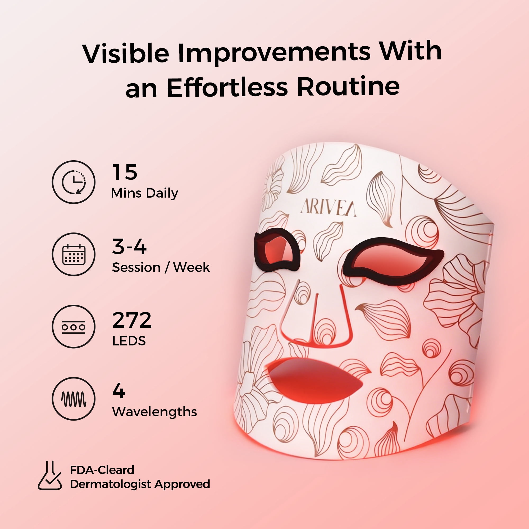 ARIVEA LED Red Light Therapy Face Mask – Wireless Rechargeable Skin Rejuvenation Device for Home, Travel & Facial Care, White