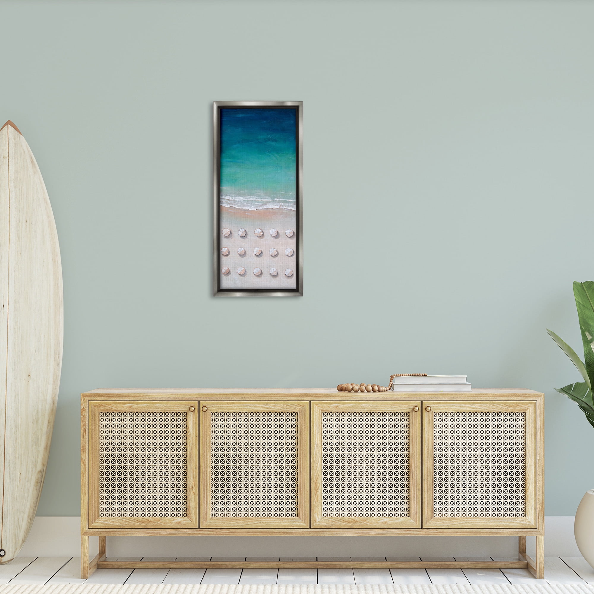 Stupell Industries Aerial Umbrellas on Beach Coast Nature Painting Gray Floater Framed Canvas Art Print Wall Art, 15 x 31