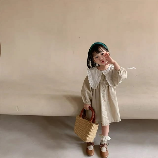 8486 Filles Vêtements Robe Décontractée Automne 2021 Nouveau Coréen Coton Lin Filles Princesse Robe Grand Tour vers le Bas Col à Carreaux Robe
