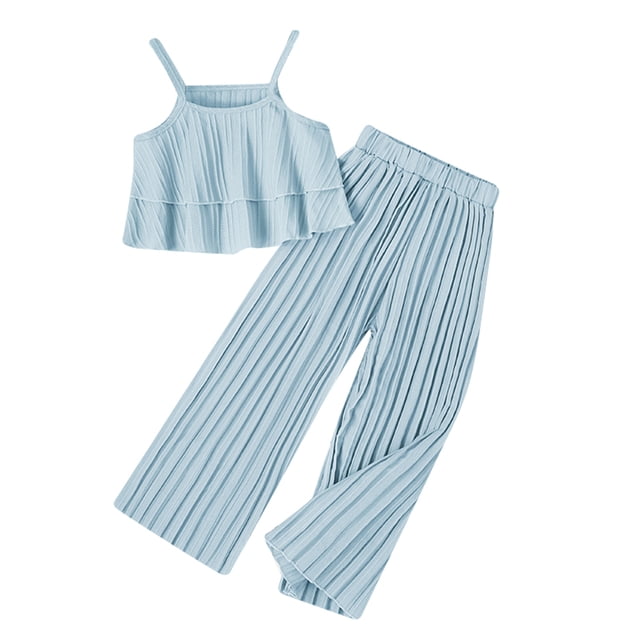 xiaxaixu Kids Girls Clothes Suits Solid Color Ruffles Sleeveless Sling Tank Tops and Elastic Waist Pleated Wide-Leg Pants 2Pcs Set