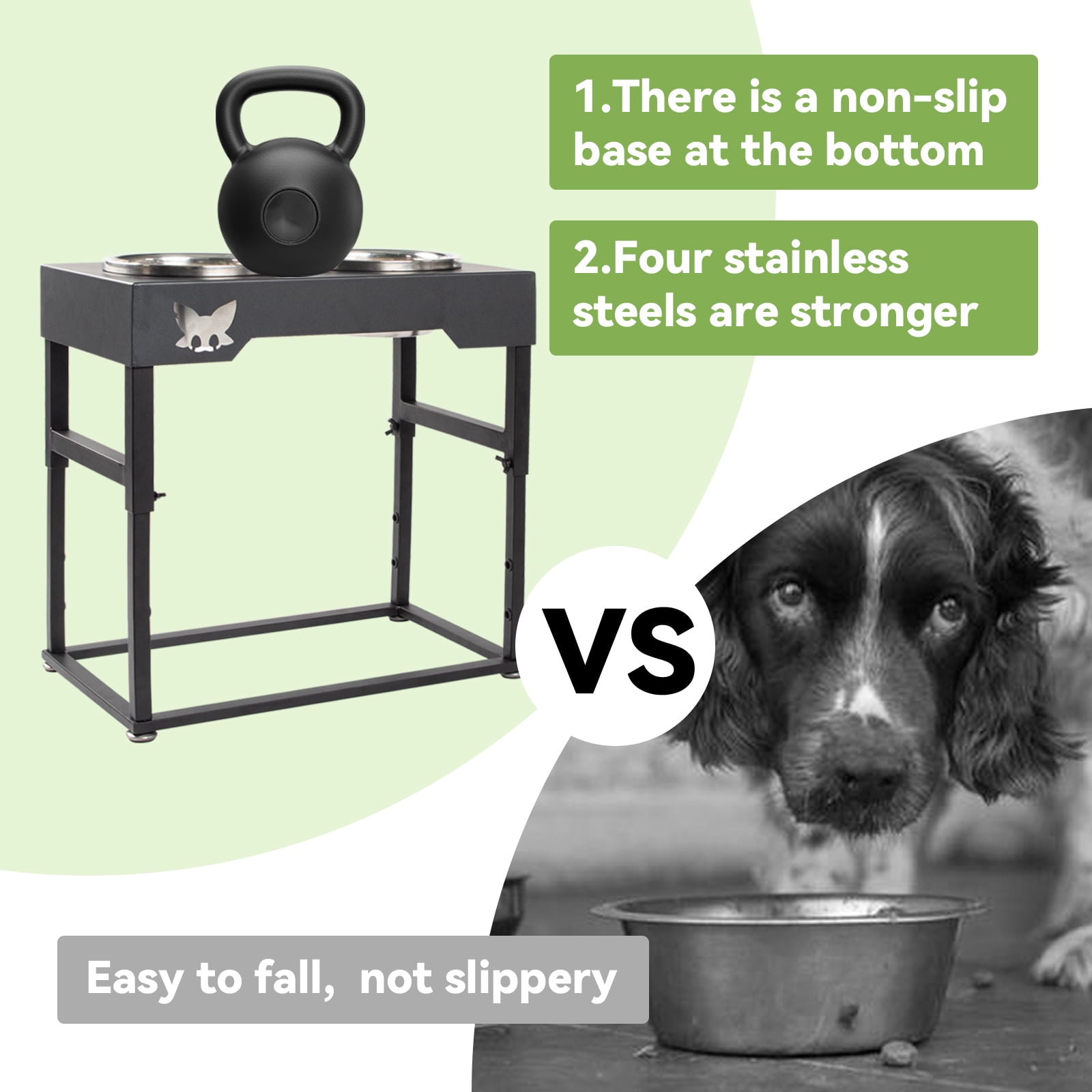 KITGO Metal Elevated Dog Bowl with Two Stainless Steel Dog Bowls, Adjustable Height Pet Feeder, 3 Height Adjustable, Raised Dog Food Bowls for Small, Medium, and Large Dogs, Black