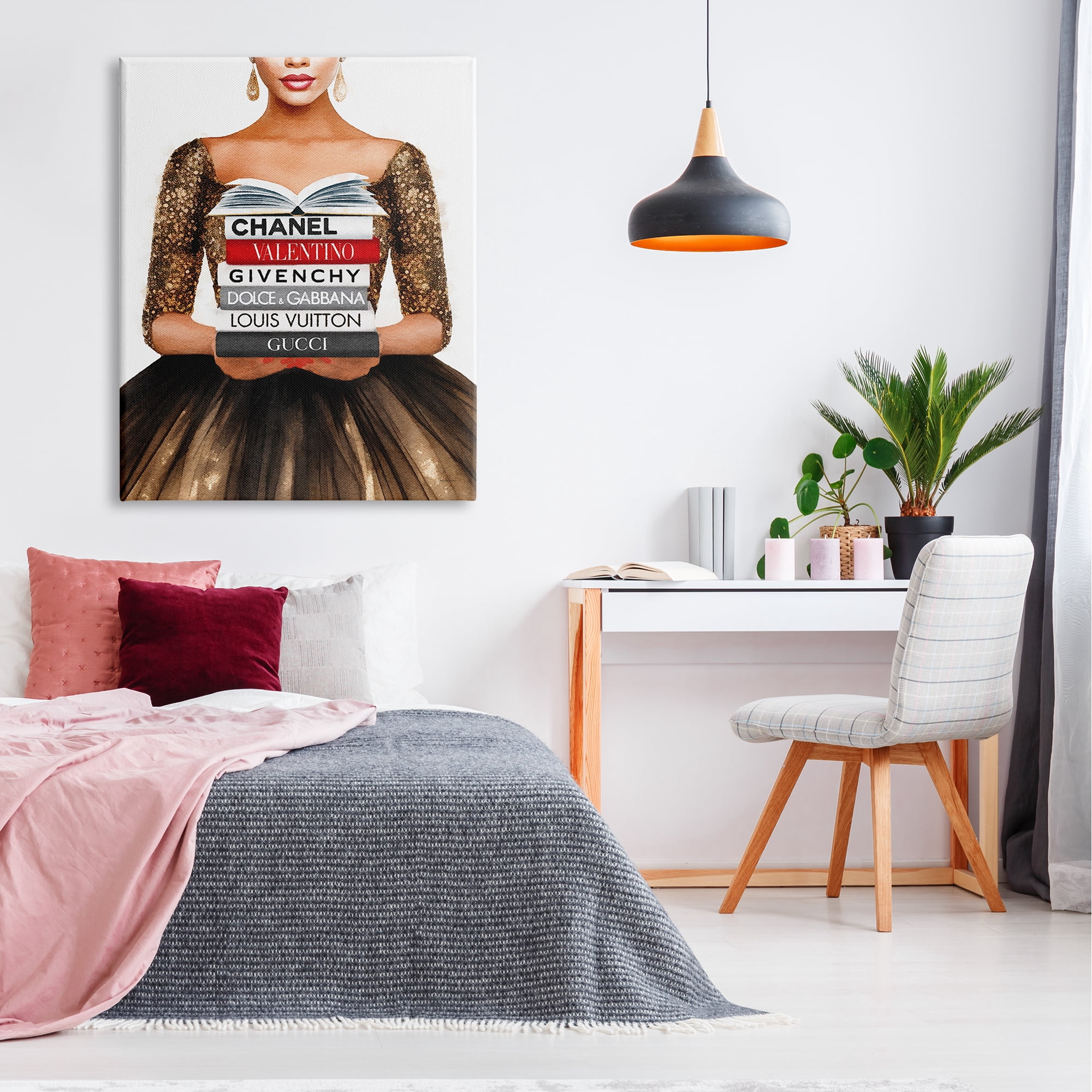 Stupell Industries Glam Girl & Bookstack Beauty & Fashion Painting Gallery Wrapped Canvas Art Print Wall Art, 36 x 48