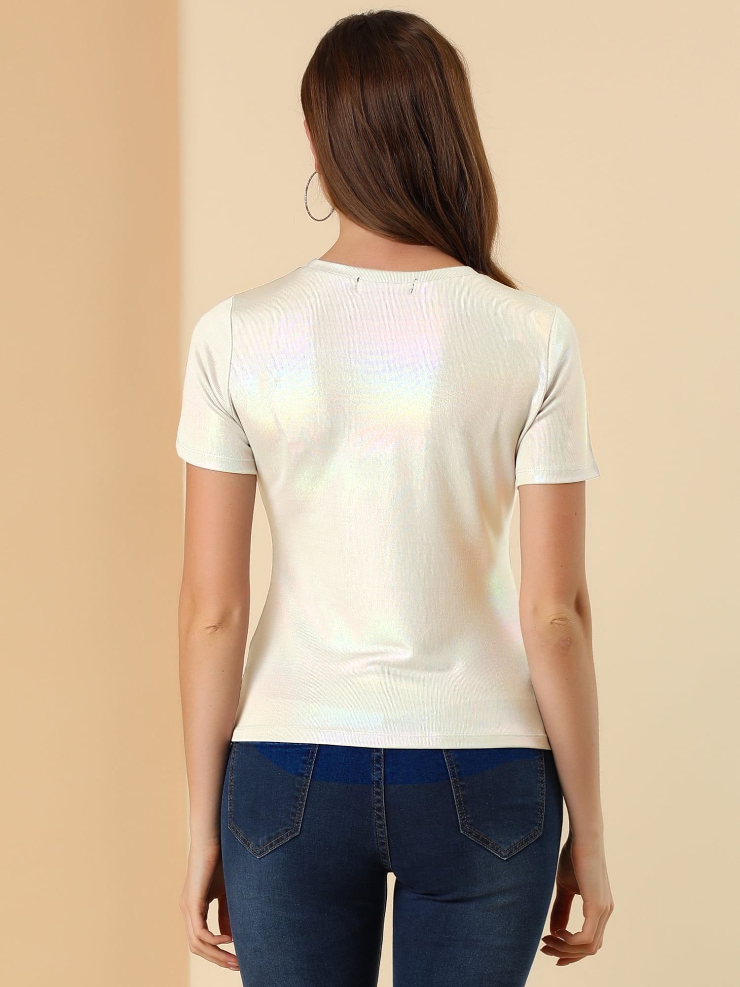 DARING DIVA Party Metallic Textured Short Sleeve Shiny Tops XL Light Silver