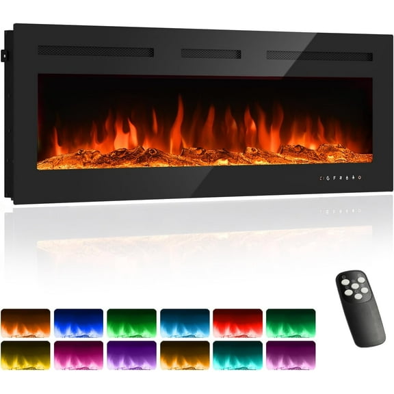 Electric Fireplace 50 inch Recessed and Wall Mounted,The Thinnest FireplaceLow Noise, Remote Control with Timer,Touch Screen,Adjustable Flame Colors